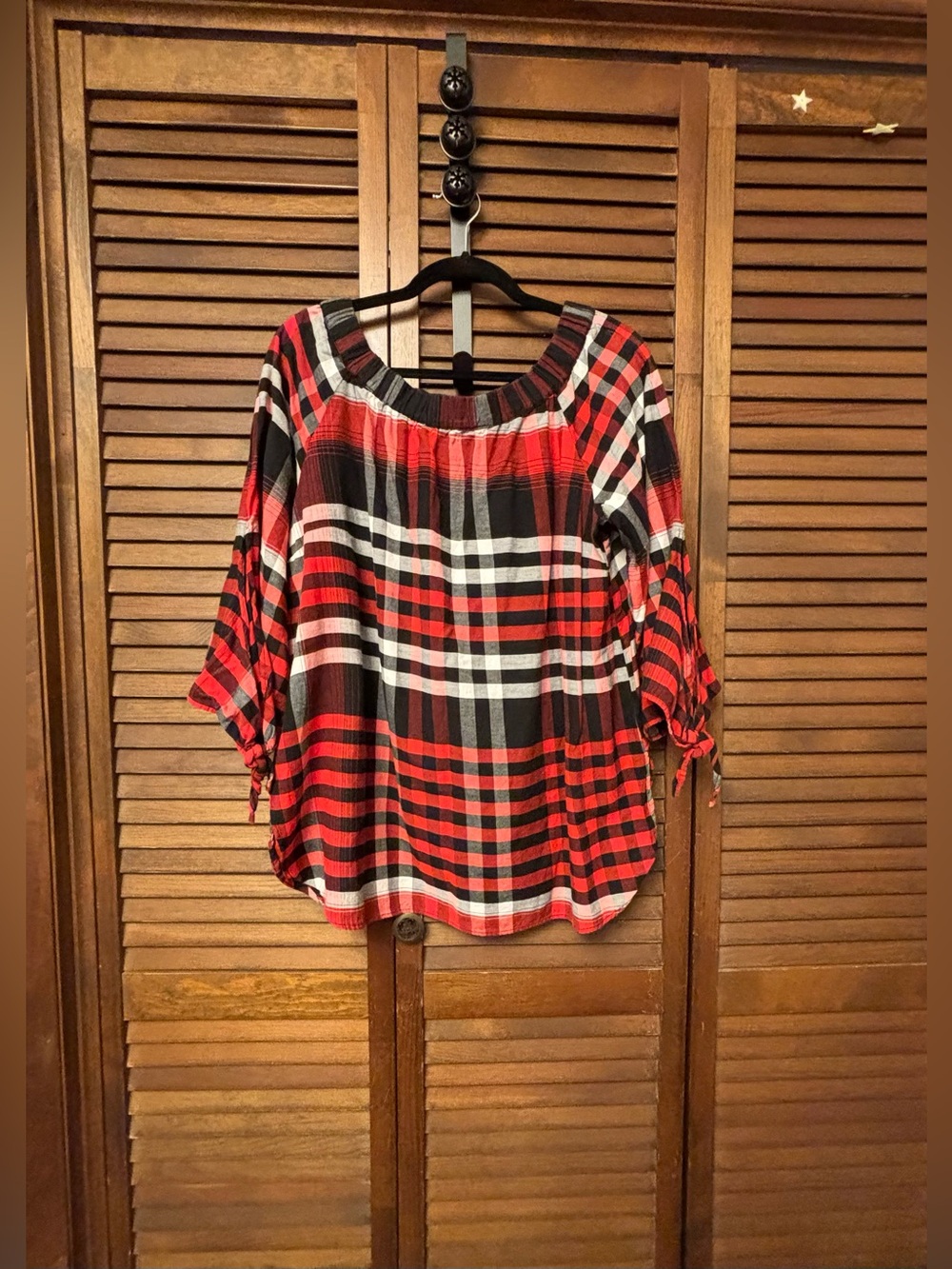 Denim 24/7 Red Black White Plaid Off-Shoulder Tunic